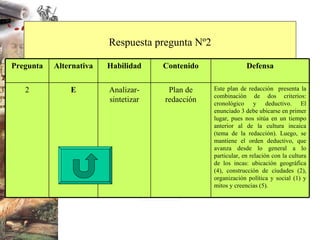 Respuesta pregunta Nº2 Este plan de redacción  presenta la combinación de dos criterios: cronológico y deductivo. El enunciado 3 debe ubicarse en primer lugar, pues nos sitúa en un tiempo anterior al de la cultura incaica (tema de la redacción). Luego, se mantiene el orden deductivo, que avanza desde lo general a lo particular, en relación con la cultura de los incas: ubicación geográfica (4), construcción de ciudades (2), organización política y social (1) y mitos y creencias (5).   Plan de redacción Analizar-sintetizar E 2 Defensa Contenido Habilidad Alternativa Pregunta 