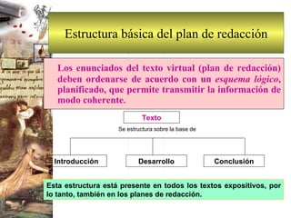 Estructura básica del plan de redacción Los enunciados del texto virtual (plan de redacción) deben ordenarse de acuerdo con un  esquema lógico , planificado, que permite transmitir la información de   modo coherente . Introducción Desarrollo Conclusión Esta estructura está presente en todos los textos expositivos, por lo tanto, también en los planes de redacción. Texto Se estructura sobre la base de 