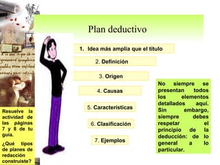 Plan deductivo  Idea más amplia que el título 2.  Definición 3.  Origen 4.  Causas 5.  Características 6.  Clasificación 7.  Ejemplos No siempre se presentan todos los elementos detallados aquí. Sin embargo, siempre debes respetar el principio de la deducción: de lo general a lo particular. Resuelve la actividad de las páginas 7 y 8 de tu guía.  ¿Qué tipos de planes de redacción construiste? 