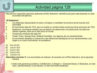 Resuelve los siguientes ejercicios aplicando el Plan Deductivo. Identifica qué paso está presente en cada enunciado del ejercicio.   “ El Dadaísmo”   Los dadaístas despreciaban la razón y la lógica y mostraban la primacía de las fuerzas anti-racionales. El movimiento data de 1915, pero no recibió su nombre hasta comienzos de la primavera de 1916. Dadaísmo: movimiento artístico que se dedicó a la destrucción a la destrucción de todos los valores vigentes, tanto en la vida como en el arte. Tendencias artísticas del siglo XX. Tristán Tzara, George Gras, Wieland Herzfelde, son algunos de sus representantes. El movimiento dadaísta no sobrevivió a las diferencias ideológicas de sus representantes y dio origen a un nuevo movimiento: el surrealismo.   A)    2-3-1-5-4-6 B)     4-2-3-1-5-6 C)    4-3-2-1-5-6 D)    3-2-4-1-5-6 E)     4-3-5-2-1-6 Alternativa correcta: C . Los enunciados se ordenan, de acuerdo con el Plan Deductivo, de la siguiente manera:   -         4 (Idea más general que el tema; 3 (Definición); 2 (Origen); 1 (Características); 5 (Ejemplos, en este caso, representantes); 6 (Conclusión, fin del movimiento dadaísta). Actividad página 128 