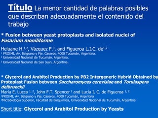 Título La menor cantidad de palabras posibles
       que describan adecuadamente el contenido del
       trabajo
* Fusion between yeast protoplasts and isolated nuclei of
Fusarium moniliforme
Heluane H.1,2, Vázquez F.3, and Figueroa L.I.C. de1,2
1   PROIMI, Av. Belgrano y Pje. Caseros, 4000 Tucumán, Argentina.
2   Universidad Nacional de Tucumán, Argentina.
3   Universidad Nacional de San Juan, Argentina.



* Glycerol and Arabitol Production by PB2 Intergeneric Hybrid Obtained by
Protoplast Fusion between Saccharomyces cerevisiae and Torulaspora
delbrueckii
María E. Lucca       1, 2,   John F.T. Spencer 1 and Lucía I. C. de Figueroa       1, 2
1PROIMI,  Av. Belgrano y Pje. Caseros, 4000 Tucumán, Argentina
2Microbiología Superior, Facultad de Bioquímica, Universidad Nacional de Tucumán, Argentina



Short title: Glycerol and Arabitol Production by Yeasts
 
