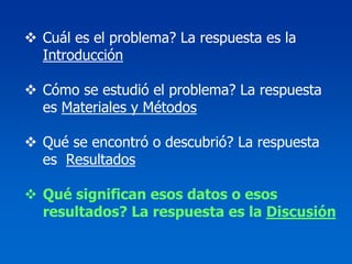 Cuál es el problema? La respuesta es la
Introducción

Cómo se estudió el problema? La respuesta
es Materiales y Métodos

Qué se encontró o descubrió? La respuesta
es Resultados

Qué significan esos datos o esos
resultados? La respuesta es la Discusión
 