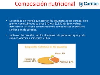 Composición nutricional
• La cantidad de energía que aportan las legumbres secas por cada cien
gramos comestibles es de unas 350 Kcal (1.350 kj). Estos valores
demuestran la elevada concentración de componentes energéticos
similar a los de cereales.
• Junto con los cereales, son los alimentos más pobres en agua y más
ricos en vitaminas, minerales y fibra.
 