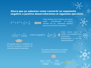 Como primer paso tenemos que pasar
como
denominador al numero
elevado con un exponente negativo
para asi convertirlo en positivo.
Como tercer paso se
realiza una multiplicacion
numerador
por
denominador y los dos
denominadores.
El segundo paso es multiplicar la
base por si misma el número de
veces que indica el exponete.

Por ultimo obtenemos el resultado
realizando la suma de fracciones

 