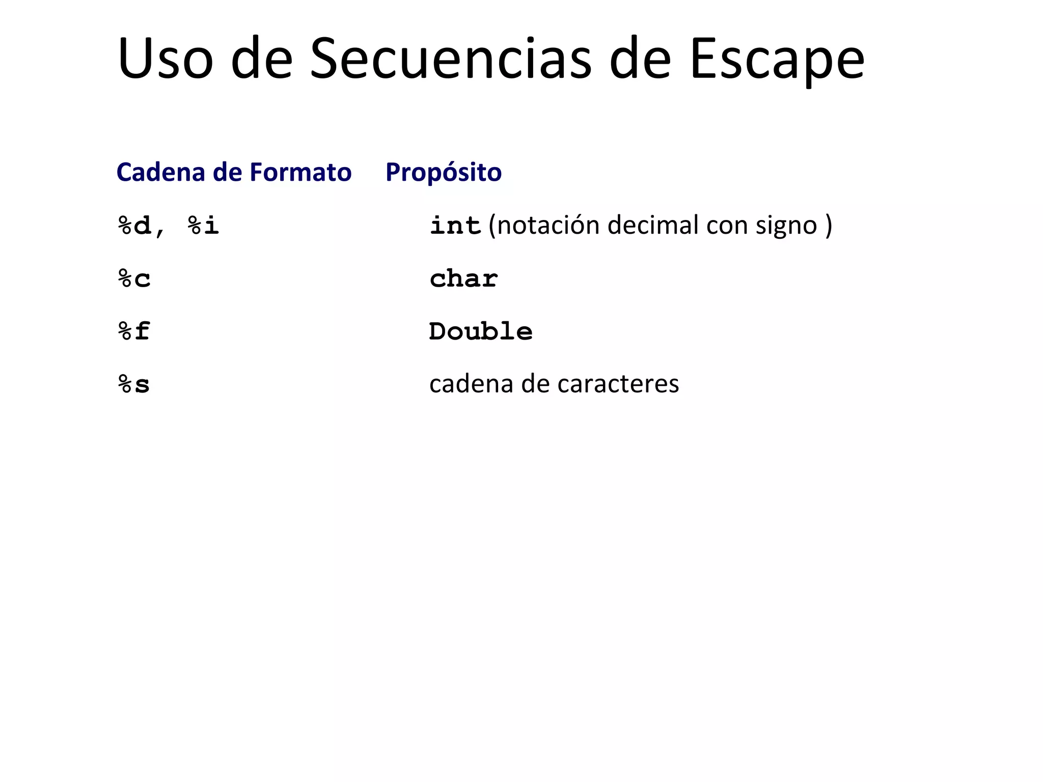 Uso de Secuencias de Escape Cadena de Formato  Propósito   %d, %i   int  (notación decimal con signo ) %c   char  %f  Double %s cadena de caracteres   