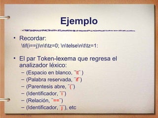 Ejemplo
• Recordar:
  tif(i==j)nttz=0; ntelsenttz=1:

• El par Token-lexema que regresa el
  analizador léxico:
  –   (Espacio en blanco, ¨t¨ )
  –   (Palabra reservada, ¨if¨)
  –   (Parentesis abre, ¨(¨)
  –   (Identificador, ¨i¨)
  –   (Relación, ¨==¨)
  –   (Identificador, ¨j¨), etc
  –   …
 