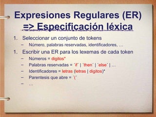 Expresiones Regulares (ER)
  => Especificación léxica
1. Seleccionar un conjunto de tokens
   –   Número, palabras reservadas, identificadores, …
1. Escribir una ER para los lexemas de cada token
   –   Números = digitos*
   –   Palabras reservadas = ´if´ | ´then´ | ´else´ | …
   –   Identificadores = letras (letras | digitos)*
   –   Parentesis que abre = ´(´
   –   …
 