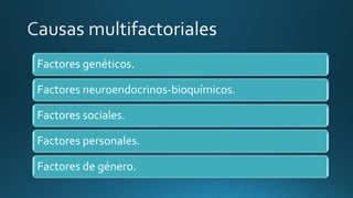 Factores genéticos.
Factores neuroendocrinos-bioquímicos.
Factores sociales.
Factores personales.
Factores de género.
 