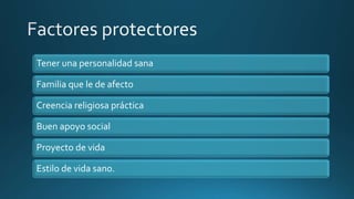 Tener una personalidad sana
Familia que le de afecto
Creencia religiosa práctica
Buen apoyo social
Proyecto de vida
Estilo de vida sano.
 