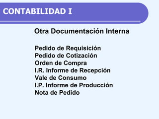 Pedido de Requisición Pedido de Cotización Orden de Compra I.R. Informe de Recepción Vale de Consumo I.P. Informe de Producción Nota de Pedido Otra Documentación Interna CONTABILIDAD I