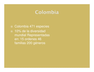 Colombia 471 especies
10% de la diversidad
mundial Representadas
en: 15 ordenes 46
familias 200 géneros
 