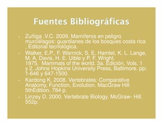•   Zuñiga .V.C. 2009. Mamíferos en peligro
    murciélagos: guardianes de los bosques costa rica
    , Editorial tecnológica.
•   Walker, E.P., F. Warnick, S. E. Hamlet, K. L. Lange,
    M. A. Davis, H. E. Uible y P. F. Wright.
    1975. Mammals of the world. 3a. Edición, Vols. 1
    y 2. Johns Hopkins University Press, Baltimore. pp:
    1-646 y 647-1500.
•   Kardong K. 2008. Vertebrates: Comparative
    Anatomy, Function, Evolution. MacGraw Hill
    5thEdition. 784 p.
•   Linzey D. 2000. Vertebrate Biology. McGraw- Hill.
    552p.
 