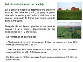 Calculo de la humedad del henolaje
En el área de terreno se determina una área con
estacas: Por ejemplo 5 m2 , se pesa el pasto
acabado de cortar y se vuelve a distribuir en el
campo, simulando la forma que queda cuando
pasa la maquina.
Después de un tiempo prudencial se pesa el
pastos (4 a 5 horas), dependiendo de las
condiciones de T° y brillo solar.
La Humedad se calcula así:
- Si originalmente el pasto fresco peso 10 kilos y se supone que tenia 80%
de H° (8 kilos de agua y 2 de MS)
- Para que baje 50% debe perder el 30 a 80%, ósea, 2,4 kilos; quedando
entonces 2 kilos de MS y 5.6 kilos de agua.
Es decir, que los 10 kilos de pasto fresco quedan reducidos a 7.6 kilos de
pasto marchito.
 
