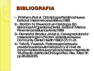 BIBLIOGRAFIA 1.-  Pinkham JR,et al. Odontología Pediátrica.Nueva Editorial Interamericana.México,1998. 2.-  Bordoni N. Prevención en Cariología.  En : Barrancos M.Operatoria Dental. Editorial Médica Panamericana.Buenos Aires,1989.  3.- Demers M, Brodeur J-M,et al. Caries predictors for mass-screnings in children: a literature review. Community Dental Health 1990,1(7):11-21. 4.- Tello S, Yovera A. Factores asociados a la prevalencia de la automedicación y el nivel de conocimientos de sus complicaciones en mayores de 18 años del distrito de Chiclayo-Perú. Rev. Med. 01: pp 26-29.2005. 