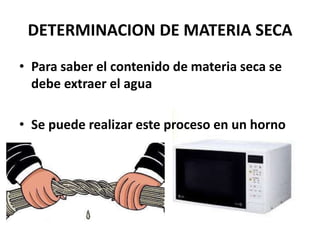 DETERMINACION DE MATERIA SECA
• Para saber el contenido de materia seca se
debe extraer el agua
• Se puede realizar este proceso en un horno
 