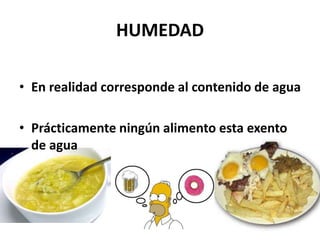 HUMEDAD
• En realidad corresponde al contenido de agua
• Prácticamente ningún alimento esta exento
de agua
 