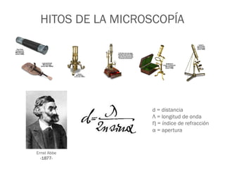 HITOS DE LA MICROSCOPÍA
Ernst Abbe
-1877-
d = distancia
Λ = longitud de onda
Ƞ = índice de refracción
α = apertura
 