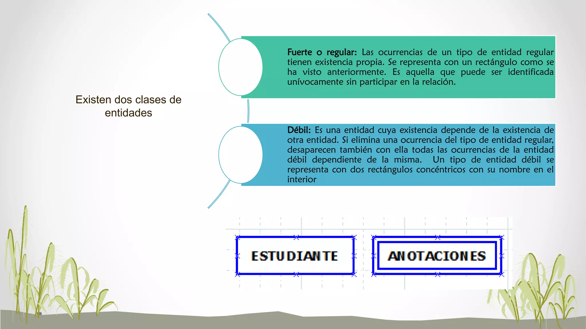 Existen dos clases de
entidades
Fuerte o regular: Las ocurrencias de un tipo de entidad regular
tienen existencia propia. Se representa con un rectángulo como se
ha visto anteriormente. Es aquella que puede ser identificada
unívocamente sin participar en la relación.
Débil: Es una entidad cuya existencia depende de la existencia de
otra entidad. Si elimina una ocurrencia del tipo de entidad regular,
desaparecen también con ella todas las ocurrencias de la entidad
débil dependiente de la misma. Un tipo de entidad débil se
representa con dos rectángulos concéntricos con su nombre en el
interior
 