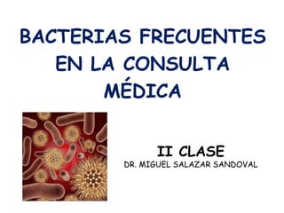 BACTERIAS FRECUENTES 
EN LA CONSULTA 
MÉDICA 
II CLASE 
DR. MIGUEL SALAZAR SANDOVAL 
 