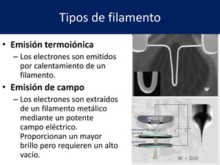 Tipos de filamento
• Emisión termoiónica
– Los electrones son emitidos
por calentamiento de un
filamento.
• Emisión de campo
– Los electrones son extraídos
de un filamento metálico
mediante un potente
campo eléctrico.
Proporcionan un mayor
brillo pero requieren un alto
vacío.
 