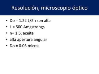 Resolución, microscopio óptico
• Do = 1.22 L/2n sen alfa
• L = 500 Amgstrongs
• n= 1.5, aceite
• alfa apertura angular
• Do = 0.03 micras
 