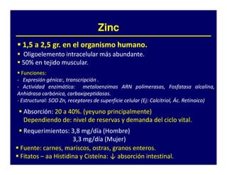 Zinc
  1,5 a 2,5 gr. en el organismo humano.
            gr.                 humano.
  Oligoelemento intracelular más abundante.
                                 abundante.
  50% en tejido muscular.
  50%           muscular.
  Funciones:
  Funciones:
- Expresión génica:, transcripción .
              génica:
- Actividad enzimática: metaloenzimas ARN polimerasas, Fosfatasa alcalina,
               enzimática:
Anhidrasa carbónica, carboxipeptidasas.
                       carboxipeptidasas.
- Estructural: SOD Zn, receptores de superficie celular (Ej: Calcitriol, Ác. Retinoico)
  Estructural:                                           Ej: Calcitriol, Ác.
  Absorción:
  Absorción: 20 a 40%. (yeyuno principalmente)
                  40%
  Dependiendo de: nivel de reservas y demanda del ciclo vital.
                de:                                     vital.
  Requerimientos:
  Requerimientos: 3,8 mg/día (Hombre)
                     3,3 mg/día (Mujer)
 Fuente:
 Fuente: carnes, mariscos, ostras, granos enteros.
                                           enteros.
 Fitatos – aa Histidina y Cisteína: ↓ absorción intestinal.
                          Cisteína:             intestinal.
 