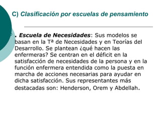 C) Clasificación por escuelas de pensamiento


   . Escuela de Necesidades: Sus modelos se
    basan en la Tª de Necesidades y en Teorías del
    Desarrollo. Se plantean ¿qué hacen las
    enfermeras? Se centran en el déficit en la
    satisfacción de necesidades de la persona y en la
    función enfermera entendida como la puesta en
    marcha de acciones necesarias para ayudar en
    dicha satisfacción. Sus representantes más
    destacadas son: Henderson, Orem y Abdellah.
 