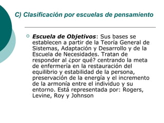 C) Clasificación por escuelas de pensamiento


      Escuela de Objetivos: Sus bases se
       establecen a partir de la Teoría General de
       Sistemas, Adaptación y Desarrollo y de la
       Escuela de Necesidades. Tratan de
       responder al ¿por qué? centrando la meta
       de enfermería en la restauración del
       equilibrio y estabilidad de la persona,
       preservación de la energía y el incremento
       de la armonía entre el individuo y su
       entorno. Está representada por: Rogers,
       Levine, Roy y Johnson
 