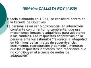 1984-Hna.CALLISTA ROY (1.939)

Modelo elaborado en 1.964, se considera dentro de
  la Escuela de Objetivos.
La persona es un ser biopsicosocial en interacción
  constante con un entorno cambiante, que usa
  mecanismos innatos y adquiridos para adaptarse
  a los cambios. Las respuestas adaptativas de la
  persona ante los estímulos “favorece la integridad
  en términos de las metas de supervivencia,
  crecimiento, reproducción y dominio”, mientras
  que las respuestas ineficaces “son reacciones que
  no contribuyen al alcance de metas de
  adaptación”.
 