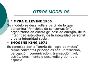 OTROS MODELOS

 * MYRA E. LEVINE 1966
Su modelo se desarrolla a partir de lo que
  denomina “Principios de conservación”,
  organizados en cuatro grupos: de energía, de la
  integridad estructural, de la integridad personal
  y de la integridad social.
 IMOGENE KING 1971

Es conocida por la “teoría del logro de metas”
  cuyos conceptos principales son: interacción,
  percepción, comunicación, transacción, rol,
  estrés, crecimiento o desarrollo y tiempo y
  espacio.
 