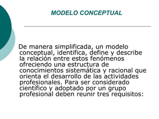 MODELO CONCEPTUAL




De manera simplificada, un modelo
conceptual, identifica, define y describe
la relación entre estos ...