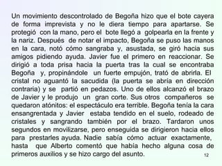 Un movimiento descontrolado de Begoña hizo que el bote cayera
de forma imprevista y no le diera tiempo para apartarse. Se
protegió con la mano, pero el bote llegó a golpearla en la frente y
la nariz. Después de notar el impacto, Begoña se puso las manos
en la cara, notó cómo sangraba y, asustada, se giró hacia sus
amigos pidiendo ayuda. Javier fue el primero en reaccionar. Se
dirigió a toda prisa hacia la puerta tras la cual se encontraba
Begoña y, propinándole un fuerte empujón, trató de abrirla. El
cristal no aguantó la sacudida (la puerta se abría en dirección
contraria) y se partió en pedazos. Uno de ellos alcanzó el brazo
de Javier y le produjo un gran corte. Sus otros compañeros se
quedaron atónitos: el espectáculo era terrible. Begoña tenía la cara
ensangrentada y Javier estaba tendido en el suelo, rodeado de
cristales y sangrando también por el brazo. Tardaron unos
segundos en movilizarse, pero enseguida se dirigieron hacia ellos
para prestarles ayuda. Nadie sabía cómo actuar exactamente,
hasta que Alberto comentó que había hecho alguna cosa de
primeros auxilios y se hizo cargo del asunto. 12
 