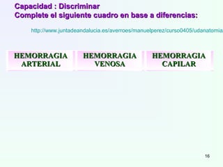 HEMORRAGIAHEMORRAGIA
ARTERIALARTERIAL
HEMORRAGIAHEMORRAGIA
VENOSAVENOSA
HEMORRAGIAHEMORRAGIA
CAPILARCAPILAR
     
Capacidad : DiscriminarCapacidad : Discriminar
Complete el siguiente cuadro en base a diferencias:Complete el siguiente cuadro en base a diferencias:
http://www.juntadeandalucia.es/averroes/manuelperez/curso0405/udanatomia/
16
 