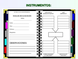 INSTRUMENTOS:INSTRUMENTOS:
FICHA DE METACOGNICIÓN
TEMA:
____________________________
Fecha: ________________________
Área: _________________________
Profesor: ______________________
Integrantes:
_______________________________________
_______________________________________
_______________________________________
_______________________________________
OBSERVACIONES:
________________________
________________________
________________________
____________________
¿APOYASTE EL
TRABAJO EN EQUIPO?
¿QUÉ
APRENDISTE?
¿QUÉ TE FALTÓ
APRENDER?
¿CÓMO UTILIZARÁS
LO APRENDIDO?
AUTOR: JUAN ASTOCÓNDOR M.
24
 