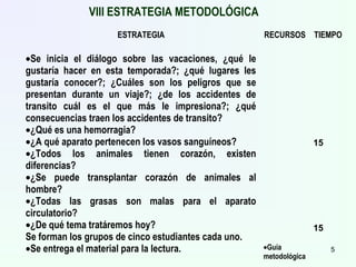 VIII ESTRATEGIA METODOLÓGICA
ESTRATEGIA RECURSOS TIEMPO
•Se inicia el diálogo sobre las vacaciones, ¿qué le
gustaría hacer en esta temporada?; ¿qué lugares les
gustaría conocer?; ¿Cuáles son los peligros que se
presentan durante un viaje?; ¿de los accidentes de
transito cuál es el que más le impresiona?; ¿qué
consecuencias traen los accidentes de transito?
•¿Qué es una hemorragia?
•¿A qué aparato pertenecen los vasos sanguíneos?
•¿Todos los animales tienen corazón, existen
diferencias?
•¿Se puede transplantar corazón de animales al
hombre?
•¿Todas las grasas son malas para el aparato
circulatorio?
•¿De qué tema tratáremos hoy?
Se forman los grupos de cinco estudiantes cada uno.
•Se entrega el material para la lectura. •Guía
metodológica
15
15
5
 