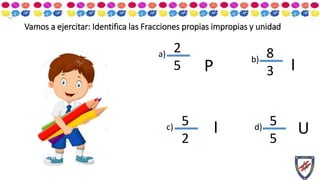Vamos a ejercitar: Identifica las Fracciones propias impropias y unidad
2
5
a)
5
5
d)5
2
c)
8
3
b)
P
I U
I
 