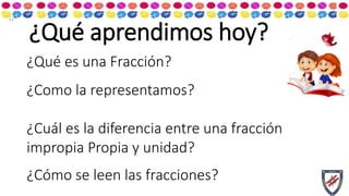 ¿Qué aprendimos hoy?
¿Qué es una Fracción?
¿Como la representamos?
¿Cuál es la diferencia entre una fracción
impropia Propia y unidad?
¿Cómo se leen las fracciones?
 