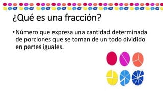 ¿Qué es una fracción?
•Número que expresa una cantidad determinada
de porciones que se toman de un todo dividido
en partes iguales.
 