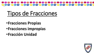 Tipos de Fracciones
•Fracciones Propias
•Fracciones impropias
•Fracción Unidad
 