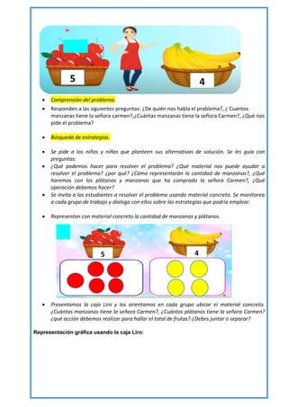  Comprensión del problema.
 Responden a las siguientes preguntas: ¿De quién nos habla el problema?, ¿ Cuantos
manzanas tiene la señora carmen?,¿Cuántas manzanas tiene la señora Carmen?, ¿Qué nos
pide el problema?
 Búsqueda de estrategias.
 Se pide a los niños y niñas que planteen sus alternativas de solución. Se les guía con
preguntas:
 ¿Qué podemos hacer para resolver el problema? ¿Qué material nos puede ayudar a
resolver el problema? ¿por qué? ¿Cómo representarán la cantidad de manzanas?, ¿Qué
haremos con los plátanos y manzanas que ha comprado la señora Carmen?, ¿Qué
operación debemos hacer?
 Se invita a los estudiantes a resolver el problema usando material concreto. Se monitorea
a cada grupo de trabajo y dialoga con ellos sobre las estrategias que podría emplear.
 Representan con material concreto la cantidad de manzanas y plátanos.
 Presentamos la caja Liro y los orientamos en cada grupo ubicar el material concreto.
¿Cuántas manzanas tiene la señora Carmen?, ¿Cuántos plátanos tiene la señora Carmen?
¿qué acción debemos realizar para hallar el total de frutas? ¿Debes juntar o separar?
Representación gráfica usando la caja Liro:
5 4
5 4
 