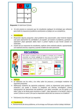 Respuesta: En total tiene 9 frutas.
 En este proceso es necesario que los estudiantes expliquen la estrategia que utilizaron
para hallar la respuesta al problema socializando su trabajo con sus compañeros.
 Formalización
 Responden algunas preguntas: ¿Qué problema has solucionado?, ¿Qué material elegiste
usar para representar las cantidades?, ¿te ayudo?, ¡al resolver el problema, ¿juntaste o
separaste? ¿Qué operación debes hacer si juntas? Explica lo que hiciste usando tus
materiales.
 A partir de sus respuestas los estudiantes, explican cómo realizarla adición, representando
con material concreto, esquema y usando el tablero de valor posicional.
 Reflexión
 Se reflexiona con los niños y las niñas sobre los procesos y estrategias mediante las
siguientes preguntas:
 Reflexionan mediante las siguientes preguntas: ¿cómo se organizaron para resolver la
situación?, ¿te ayudo a resolver el problema con diversas estrategias?; ¿Cómo
representaron las operaciones del problema? ¿Los datos conocidos, son las partes o el
todo? ¿Qué se ha hecho para encontrar el todo? ¿Qué operación se ha hecho? ¿Qué es
sumar? ¿Cómo se suma? ¿Por qué es importante ubicar bien los números en el tablero?
 Felicitamos a los niños por sus respuestas.
 Transferencia
 Planteamiento de otros problemas, se le entrega una ficha para realizar trabajo individual.
D U
5
4
9
Para resolver el problema tuviste que juntar las cantidades que el problema
presentaba, por ejemplo: juntaste las 12 manzanas y los 5 plátanos; luego
contaste para saber cuántas frutas había. Y lo representaste de 3 formas.
Caja Liro Esquema Operación
+
 