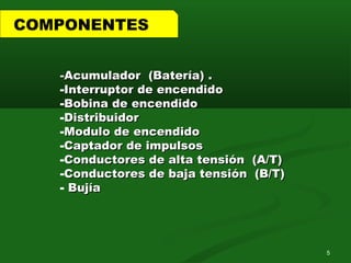 -Acumulador (Batería) .-Acumulador (Batería) .
-Interruptor de encendidoInterruptor de encendido
-Bobina de encendidoBobina de encendido
-DistribuidorDistribuidor
-Modulo de encendidoModulo de encendido
-Captador de impulsosCaptador de impulsos
-Conductores de alta tensión (A/T)Conductores de alta tensión (A/T)
-Conductores de baja tensión (B/T)Conductores de baja tensión (B/T)
- BujíaBujía
COMPONENTES
5
 