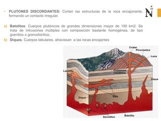• PLUTONES DISCORDANTES: Cortan las estructuras de la roca encajonante, 
formando un contacto irregular. 
a) Batolitos. Cuerpos plutónicos de grandes dimensiones mayor de 100 km2. Se 
trata de intrusiones múltiples con composición bastante homogénea, de tipo 
granítico o granodiorítico. 
b) Diques. Cuerpos tabulares, atraviesan a las rocas encajantes 
 