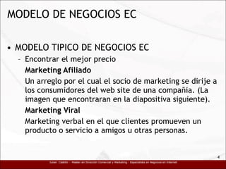 MODELO DE NEGOCIOS EC MODELO TIPICO DE NEGOCIOS EC Encontrar el mejor precio Marketing Afiliado Un arreglo por el cual el socio de marketing se dirije a los consumidores del web site de una compañia. (La imagen que encontraran en la diapositiva siguiente). Marketing Viral M arketing verbal en el que clientes promueven un producto o servicio a amigos u otras personas. 