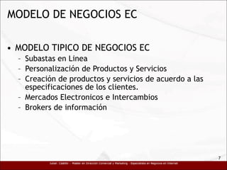 MODELO DE NEGOCIOS EC MODELO TIPICO DE NEGOCIOS EC Subastas en Linea Personalización de Productos y Servicios Creación de productos y servicios de acuerdo a las especificaciones de los clientes. Mercados Electronicos e Intercambios Brokers de información 