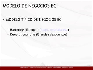 MODELO DE NEGOCIOS EC MODELO TIPICO DE NEGOCIOS EC Bartering (Trueque) ( http://cambia.es/ ) Deep discounting (Grandes descuentos) 