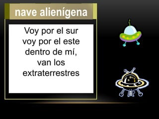Voy por el sur
voy por el este
dentro de mí,
van los
extraterrestres
nave alienígena
 