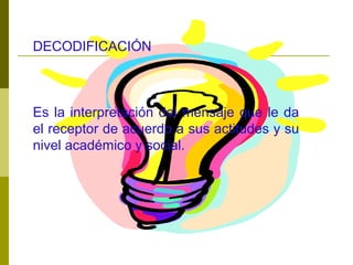 DECODIFICACIÓN
Es la interpretación del mensaje que le da
el receptor de acuerdo a sus actitudes y su
nivel académico y social.
 