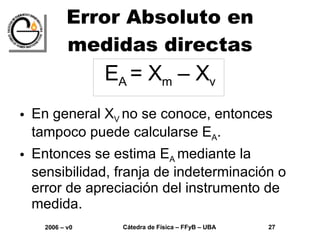Error Absoluto en medidas directas E A  = X m  – X v En general X V  no se conoce, entonces tampoco puede calcularse E A . Entonces se estima E A  mediante la sensibilidad, franja de indeterminación o error de apreciación del instrumento de medida. 
