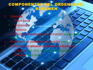 COMPONENTES DEL ORDENADOR. 
RESUMEN 
1. Carcasa 
• Placa base 
• Procesador 
• Memoria 
Cerebro del ordenador 
1. Periféricos de entrada de información (teclado, ratón, 
escáner, …) 
2. Periféricos de salida de información (monitor, impresora,…) 
3. Periféricos de almacenamiento de información: 
• Externos (CD, DVD, memorias USB, disquetes) 
• Internos (disco duro) 
 